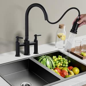 Brass Double Handles High Arc Bridge Kitchen Faucet with 3-Spray Modes Pull Down Sprayer and in Matte Black