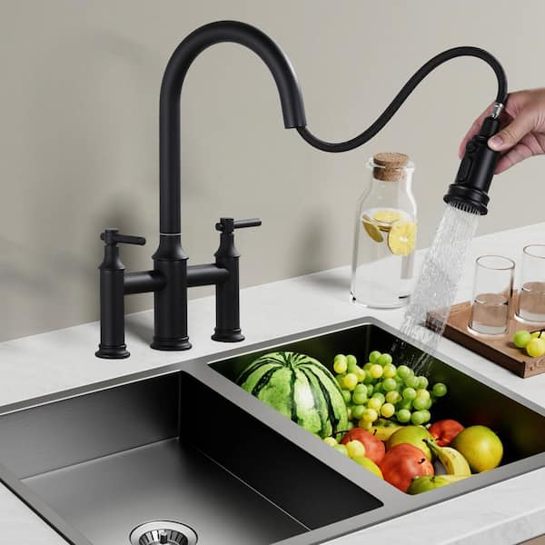 Brass Double Handles High Arc Bridge Kitchen Faucet with 3-Spray Modes Pull Down Sprayer and in Matte Black