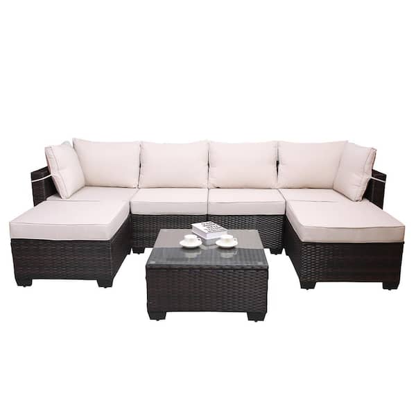 ITOPFOX Brown 7-Piece Sturdy Metal Frame PE Wicker Outdoor Sectional Set Sofa Set with Beige Cushions and Coffee Table