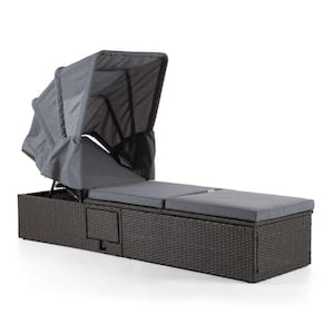 Eira Gray Wicker Outdoor Chaise Lounge with Canopy and Gray Cushions