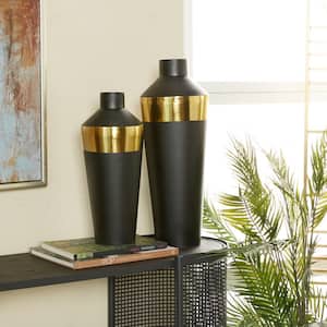 20 in., 16 in. Black Metal Decorative Vase with Gold Band (Set of 2)