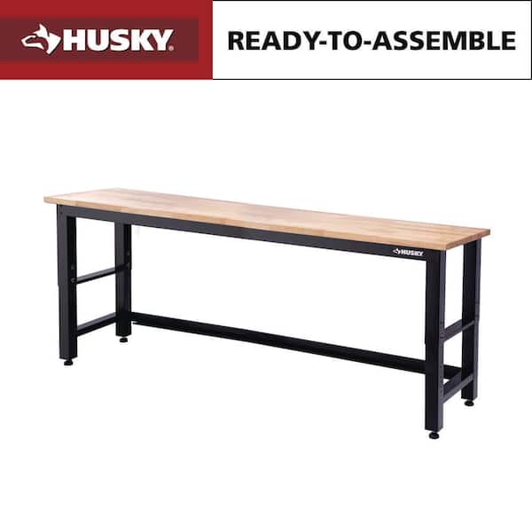 96 in. W x 24 in. D Adjustable Height Black Workbench with Solid Wood Top
