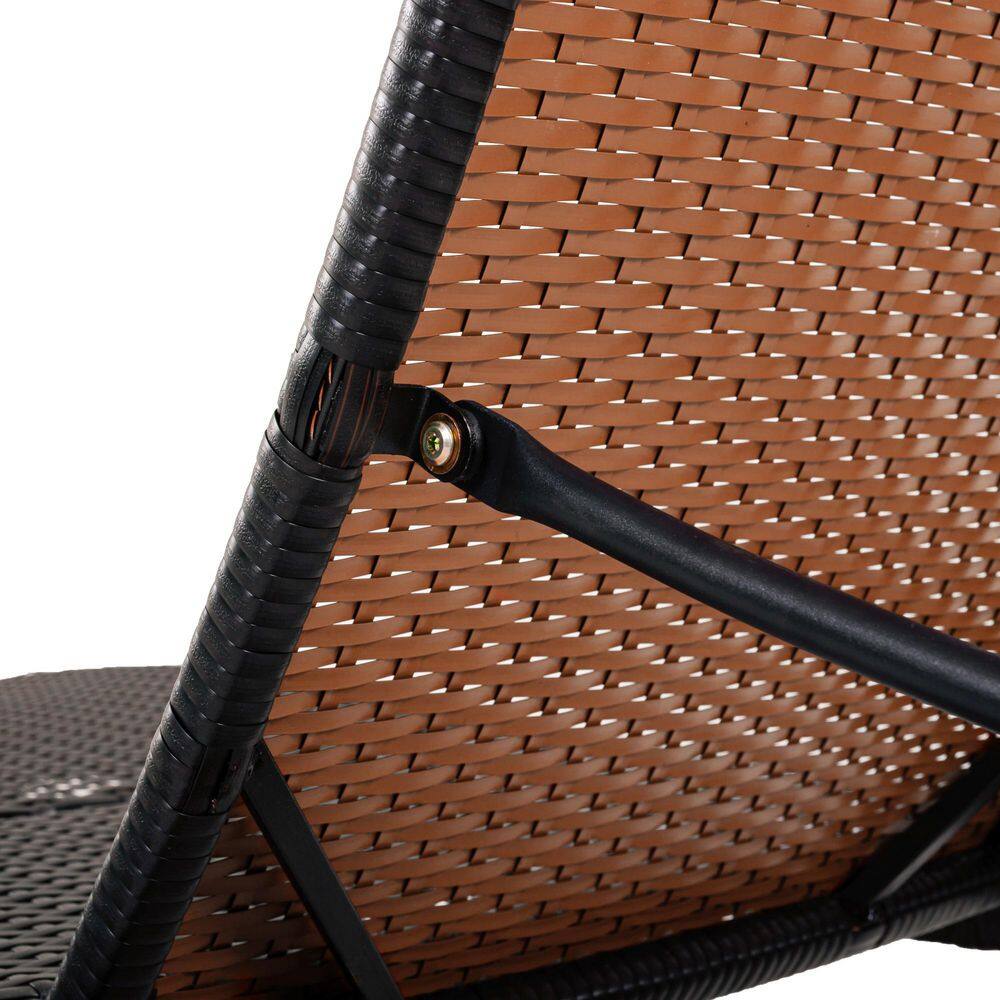 Close-up of the hinge mechanism on a chaise lounge frame.