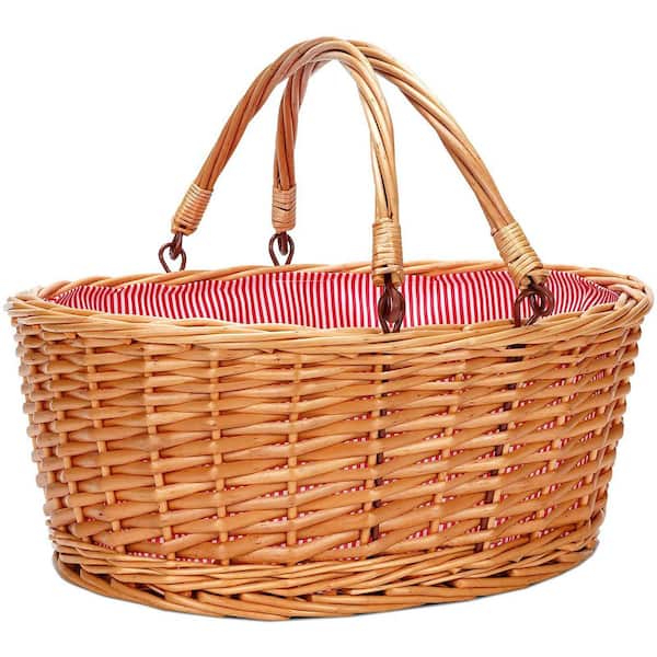 Red Willow Handwoven Picnic Basket with Double Folding Handles for Multi-Purpose Storage and Decoration