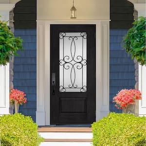 Regency 36 in. x 96 in. 3/4Lite Georgian Decorative Glass LHOS Onyx Mahogany Fiberglass Prehung Front Door