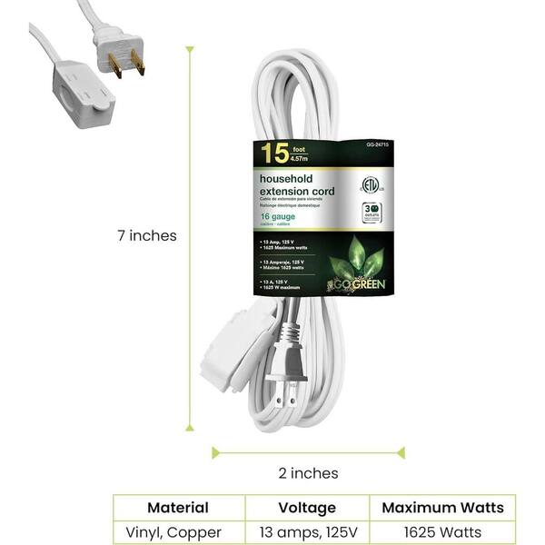 Perfpower Go Green 16/3 3-Outlet Extension Cord – 15 Feet, Slim Design, Ideal For Home Appliances And Electronics