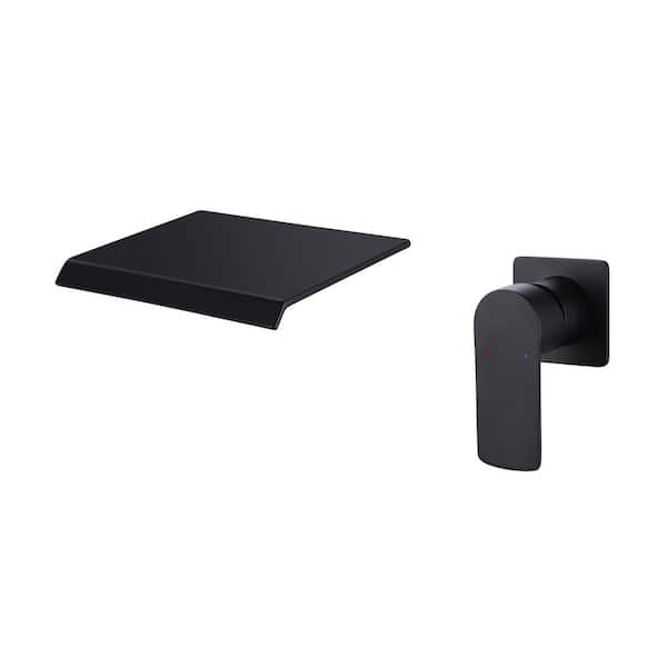 FLG Single Handle Wall Mounted Bathroom Faucet Double Hole Modern Brass Waterfall Bathroom Sink Basin Faucets in Matte Black