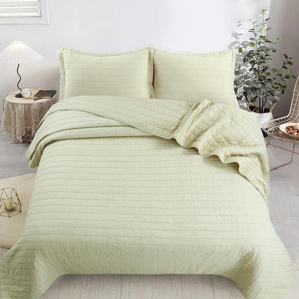 S91 Sandy Beige Stitching Queen Size Cotton Oversized Bedspread Set Coverlet Quilt Set