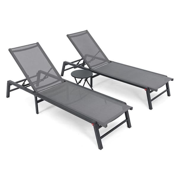 Outdoor Patio Chaise Lounge and Table Aluminum Folding Pool Lounge Chair with 5-Position Adjustable, Gray 3 Pieces