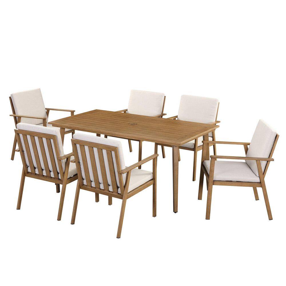 Alulux WoodLike 7-Piece Aluminum Outdoor Dining Set with Rectangular Dining Table and White Cushions price history on PriceWatchPro