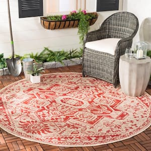 Beach House Red/Cream 8 ft. x 8 ft. Kilim Floral Indoor/Outdoor Patio  Round Area Rug