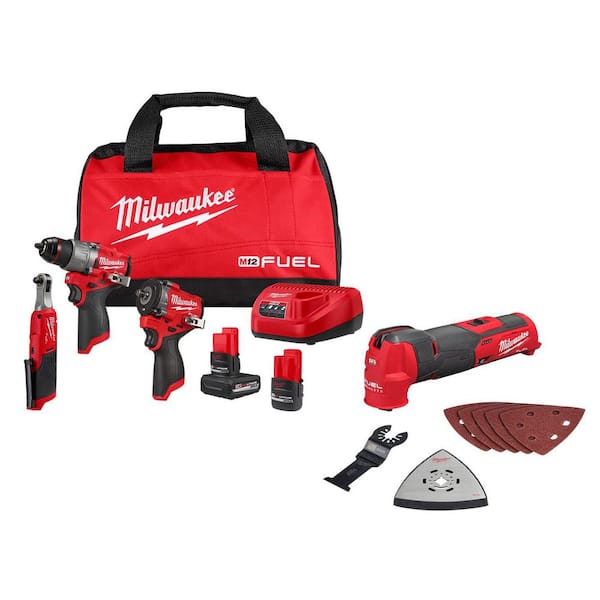 M12 FUEL 12V Lithium-Ion Cordless Drill Driver, Impact Wrench, and Ratchet Combo Kit w/Batteries, Chargers & Bag