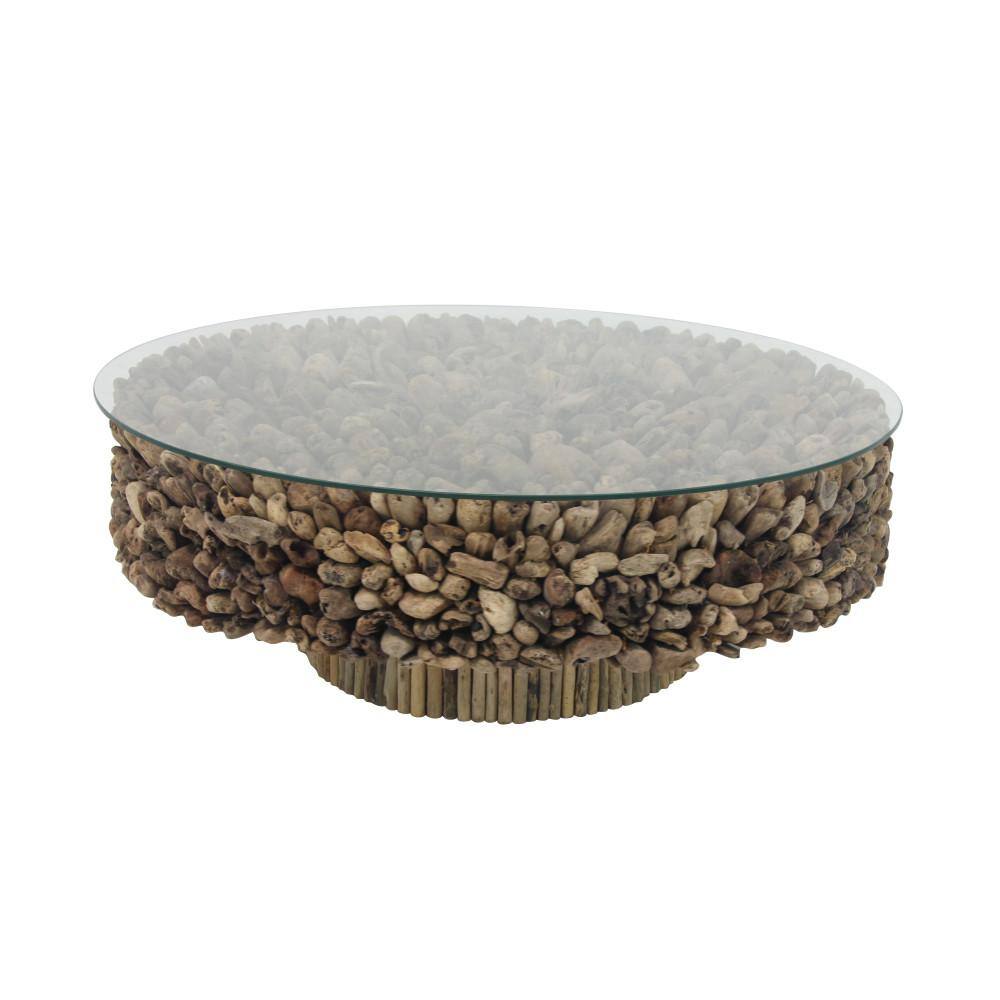 Handcrafted Driftwood Round Coffee Table with Glass Top, 48" Brown