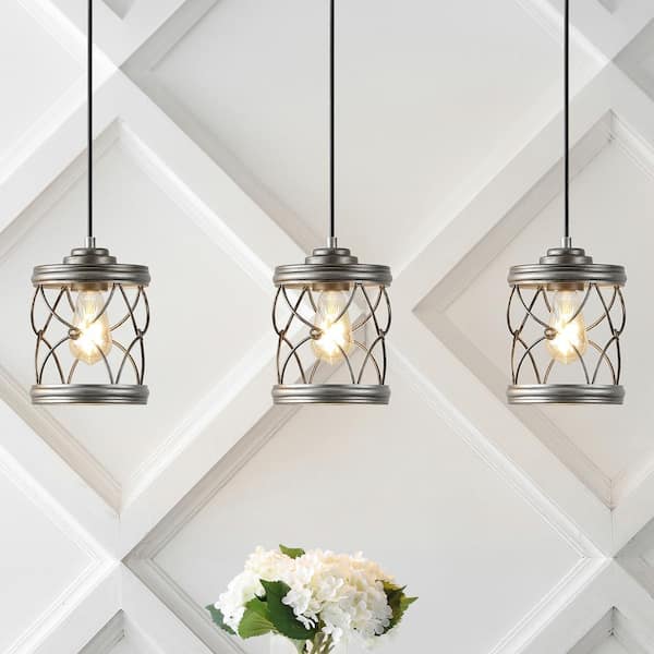 JONATHAN Y Marelle 6.5 in. 40-Watt 1-Light Silver Farmhouse Iron Filigree Caged Jar LED Pendant Light, Antique Silver (Set of 3)