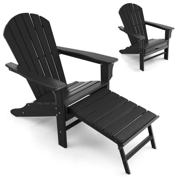 Clihome Black HDPE Patio Adirondack Chair with Retractable Ottoman