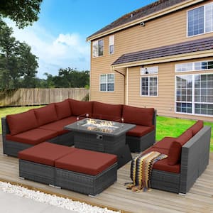 High-End 10 Pieces Charcoal Wicker Patio Fire Pit Deep Sectional Seating Sofa Set with Dark Red Cushions with Ottomans