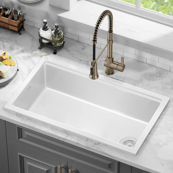 Turino Gloss White Fireclay 33 in. Single Bowl Drop-In/Undermount Workstation Kitchen Sink