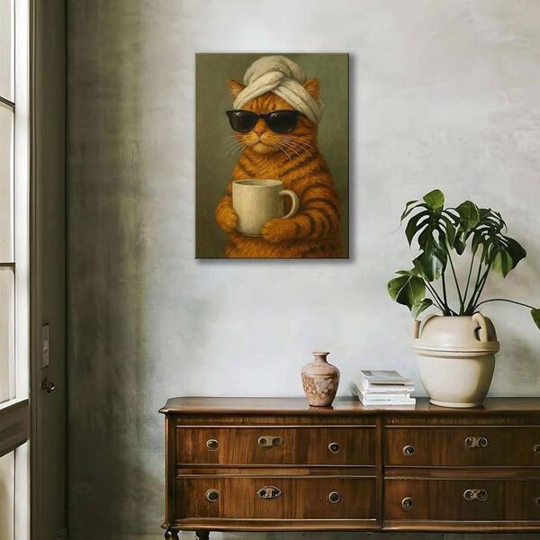 Framed Funny Cat Bathroom Wall Art, Cool Orange Tabby Cat Canvas