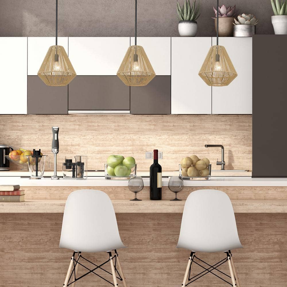 Matte Black and Natural Raphia Rope Medium Pendant Light