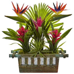 Indoor Artificial Birds of Paradise and Bromeliad in Planter