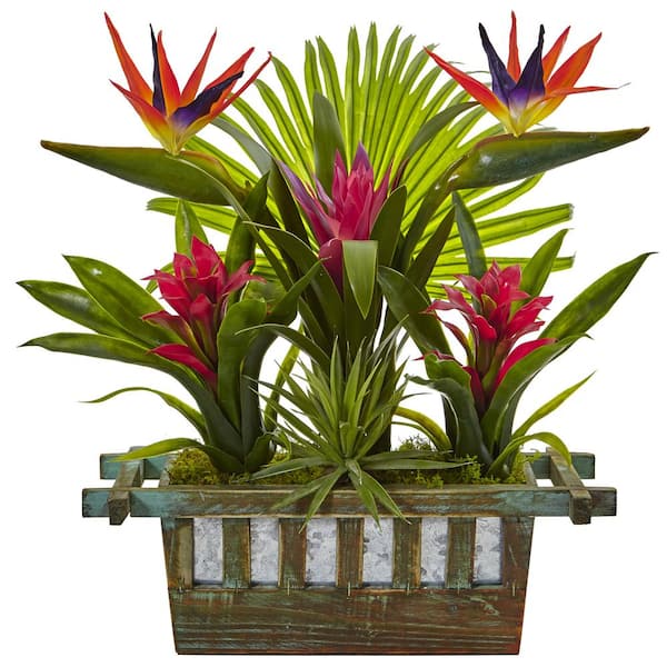 Nearly Natural Indoor Artificial Birds of Paradise and Bromeliad in Planter