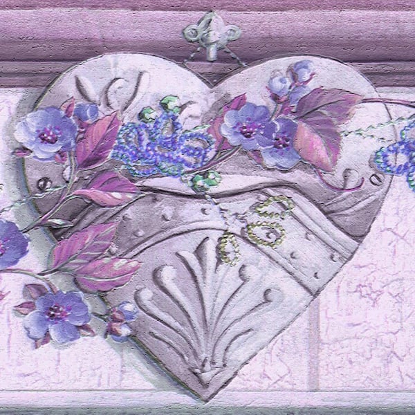 Dundee Deco Falkirk Dandy II Purple Violet Flowers Hearts Floral Peel and Stick Wallpaper Border