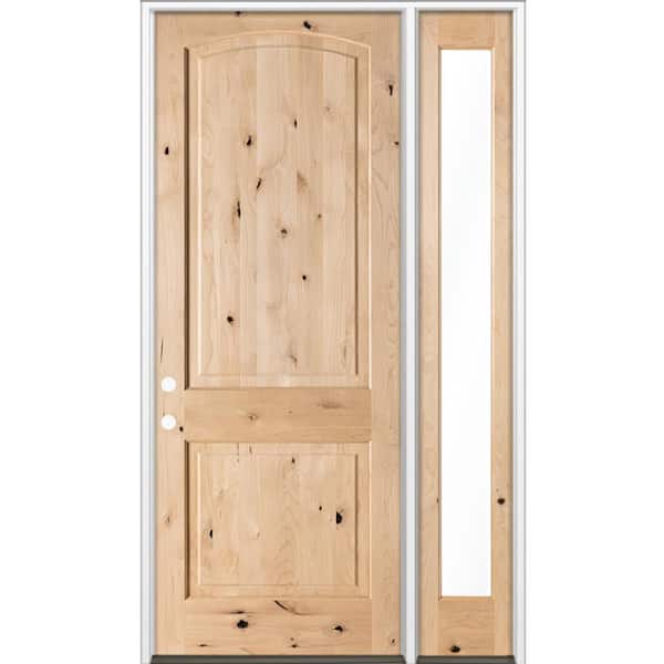 56 in. x 96 in. Knotty Alder 2-Panel Arch-Top Right-Hand/Inswing Clear Glass Unfinished Wood Prehung Front Door w/RFSL