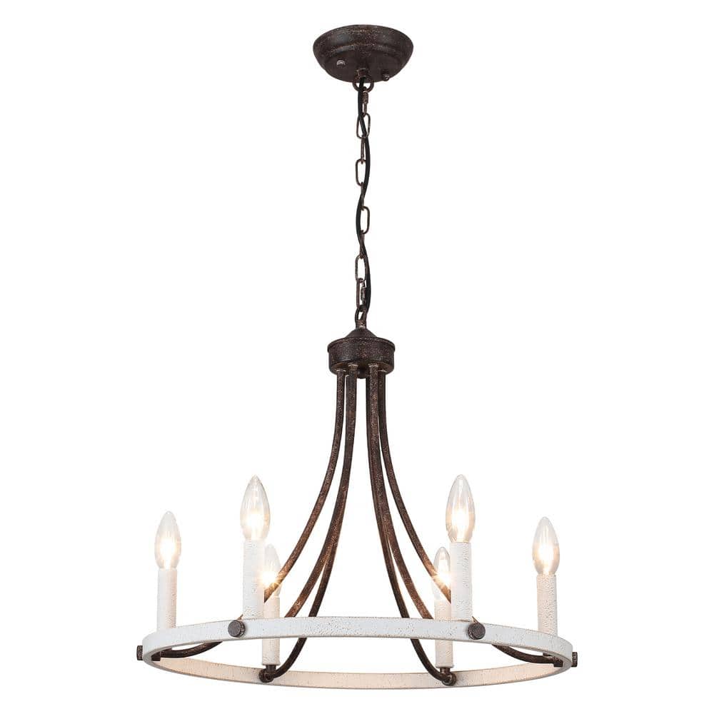 6-Light Antique Brown and Distressed White Farmhouse Wagon Wheel Chandelier