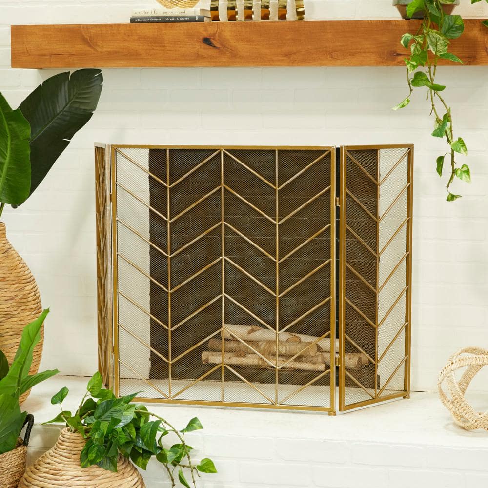Gold 52" Chevron Pattern Mesh 3-Panel Fireplace Screen