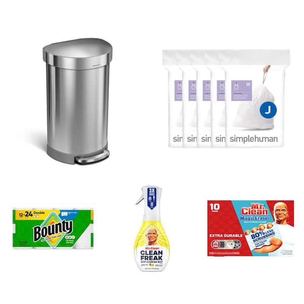 45L Trash Can, 30-45L Code J Liners (100-Pack), Paper Towel (12-Roll), Cleaner, and Erasers (10-Count)