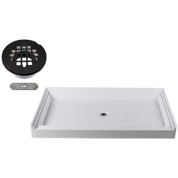 Westbrass 60 in. x 36 in. Single Threshold Alcove Shower Pan Base with Center Plastic Drain in Matte Black
