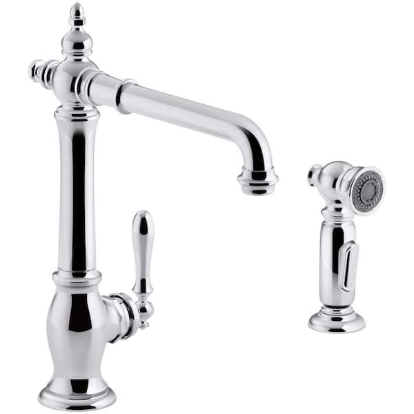KOHLER Artifacts Single-Handle Standard Kitchen Faucet with Victorian Spout Design and Side Sprayer in Polished Chrome