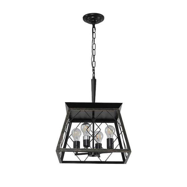 4-Light Farmhouse Black Gold Metal Rustic Chandelier, Hanging Ceiling Light, Pendant Light Fixture