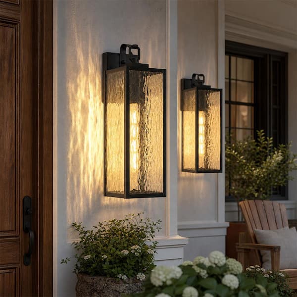 18 in. 1-Light Black Outdoor Wall Sconce Rectangle Water Glass Shade Exterior Wall Light for Porch Garage Patio 2-Pack