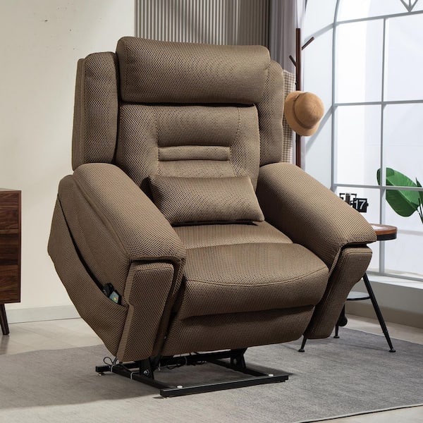 Flagship Dual Motor 28"W Oversized Brown Mesh Fabric Power Lift Recliner Chair w/Hidden Cup Holder and Wireless Charging