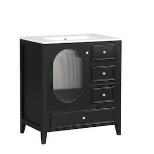 30 in. W Single Sink Freestanding Bath Vanity in Black with White Ceramic Top, 3 Drawers and Door