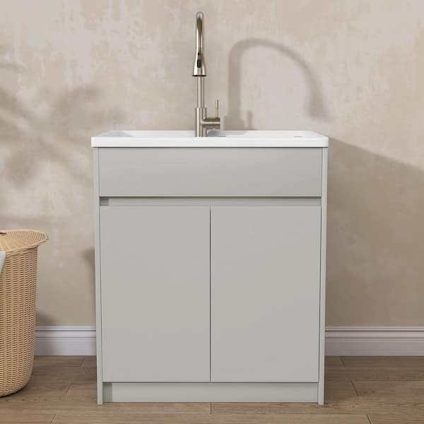 30 in. W x 22 in. D Solid Surface Drop-In Laundry/Utility Sink with Hot & Cold Water Faucet and Light Grey Cabinet