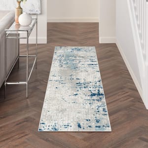 Concerto Ivory Grey Blue 2 ft. x 8 ft. Distressed Contemporary Runner Area Rug