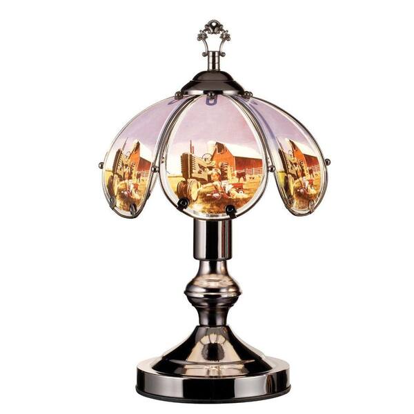 ORE International 14.25 in. Brushed Silver Base Touch Lamp with Farmhouse in Peace