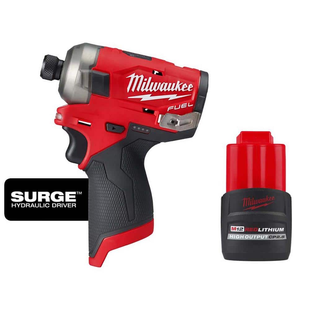 Milwaukee M12 FUEL SURGE 12V Lithium-Ion Brushless Cordless 1/4 in. Hex  Impact Driver w/High Output 2.5 Ah Battery 2551-20-48-11-2425 - The Home  Depot