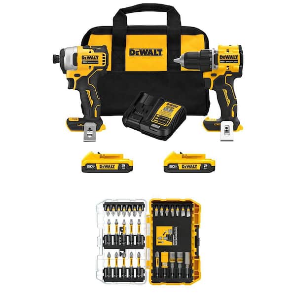 ATOMIC 20V MAX Lithium-Ion Cordless Combo Kit (2-Tool) & 1/4 in. Bit Set (30-Piece) w/ (2) 2Ah Batteries, Charger & Bag