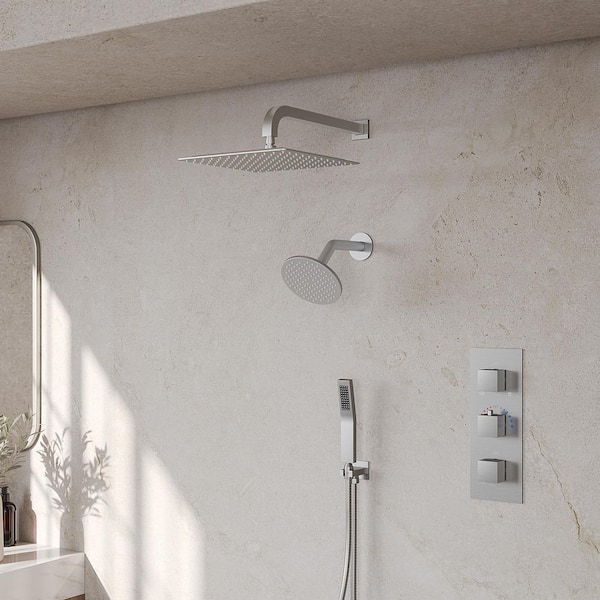 12 in. Thermostatic 5-Spray Square Wall-Mount Dual Fixed and Handheld Shower Head 2.5 GPM in Brushed Nickel with Valve