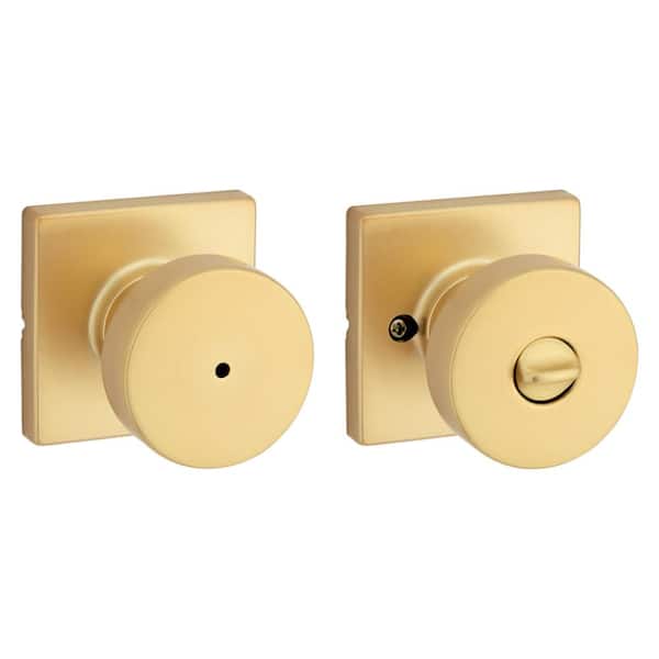 Kwikset Pismo Satin Brass Square Bed Bath Door Knob with Lock Featuring Microban Antimicrobial Protection
