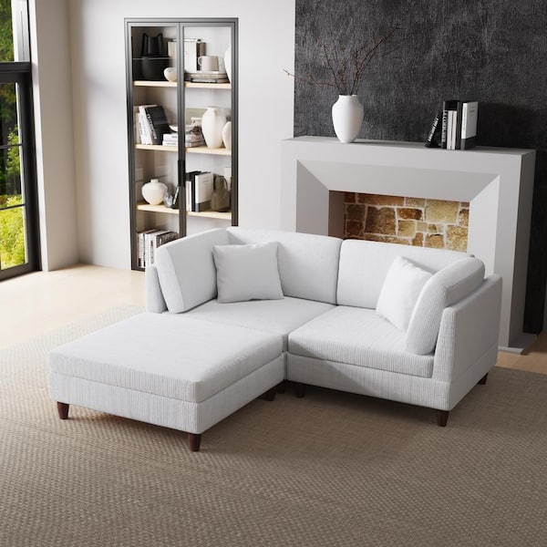 80 in. Straight Arm 3-Piece Corduroy Upholstered L-Shaped Sectional Sofa in Beige