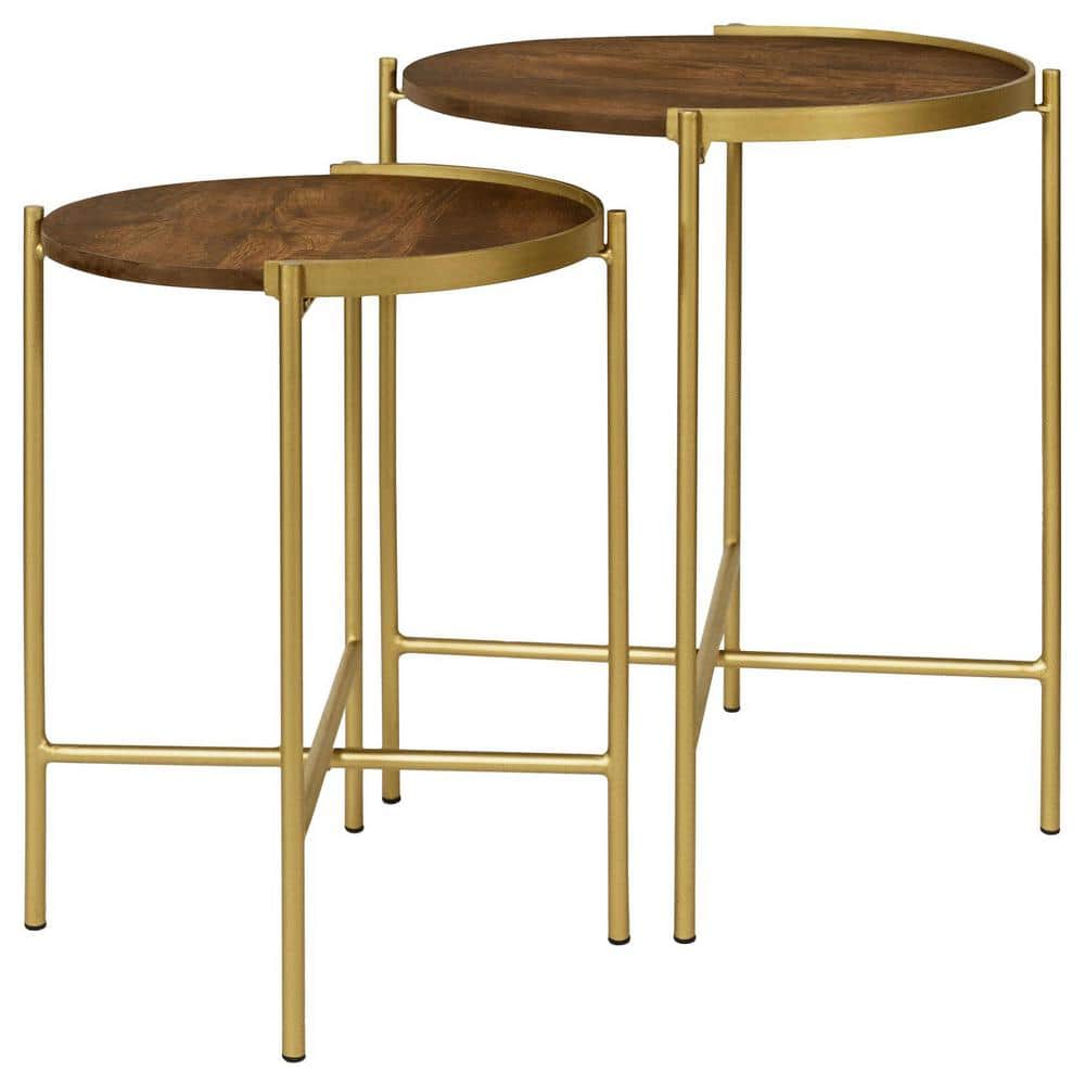 Round Dark Brown and Gold Wood Metal Nesting Tables
