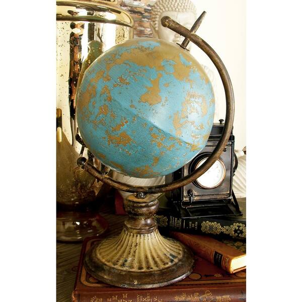 Litton Lane 14 in. Turquoise and Tan Stylized Globe Decor on Tarnished Iron Stand