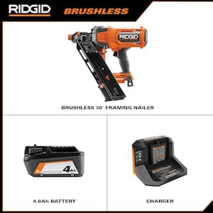 18V Brushless Cordless 30° Framing Nailer Kit with 4.0 Ah Battery and Charger with 18V 4.0 Ah MAX Output Battery