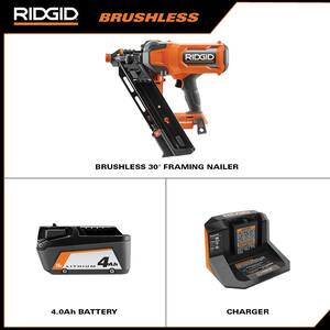 18V Brushless Cordless 30° Framing Nailer Kit w/ 4.0 Ah Battery and Charger with 18V Lithium-Ion 4.0 Ah Battery (2-Pack)