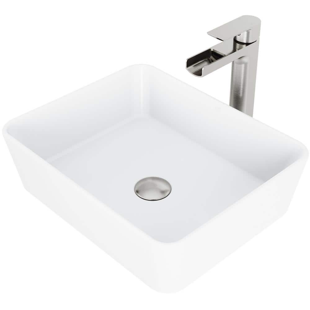 White Stone Rectangular Vessel Sink with Brushed Nickel Faucet