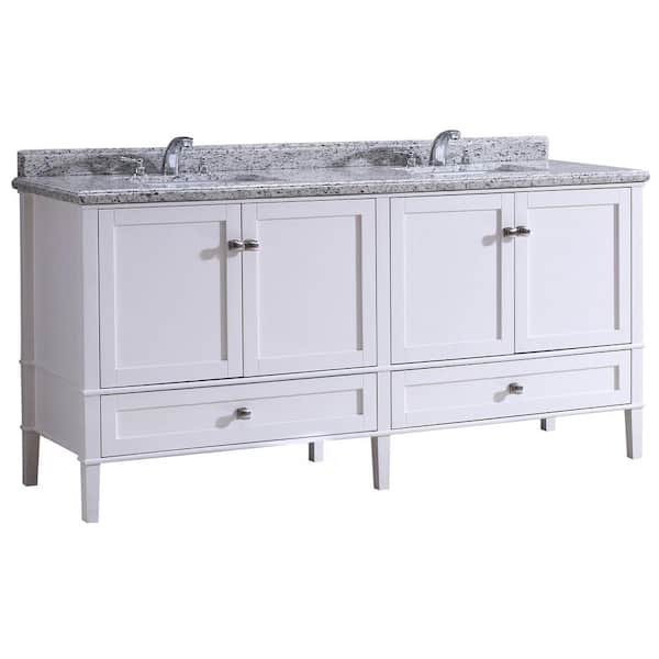 Simpli Home Stonecastle 73 in. Double Vanity in White with Granite Vanity Top in Giallo White and Under-Mount Rectangle Sink